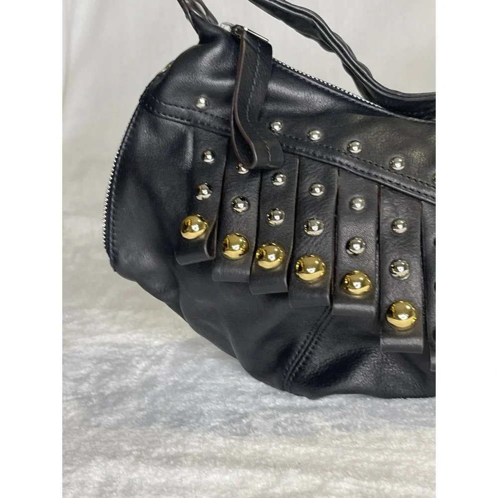 NEW B Makowsky Las Vegas Hobo Handbag Black Studded Leather Shoulder Bag Purse